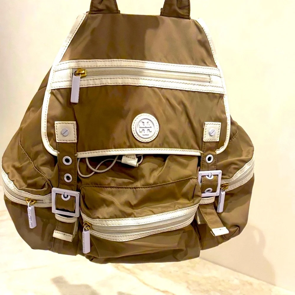 Tory Burch Designer Brown Backpack with White Trim & Signature Logo Detailing